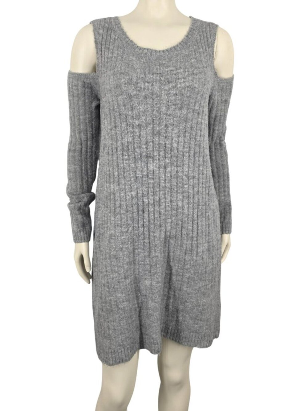 Women's Maurices Gray Ribbed Sweater Dress Cold Shoulder Size Small Stretch